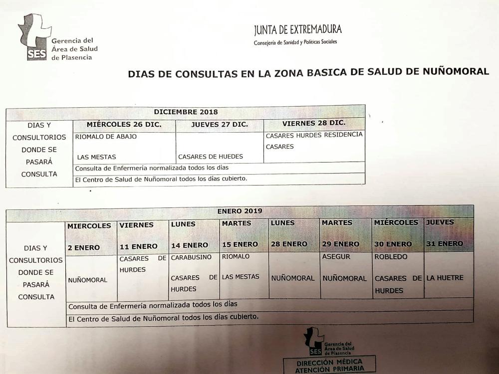 Imagen DÍAS DE CONSULTAS EN LA ZONA BÁSICA DE SALUD DE NUÑOMORAL